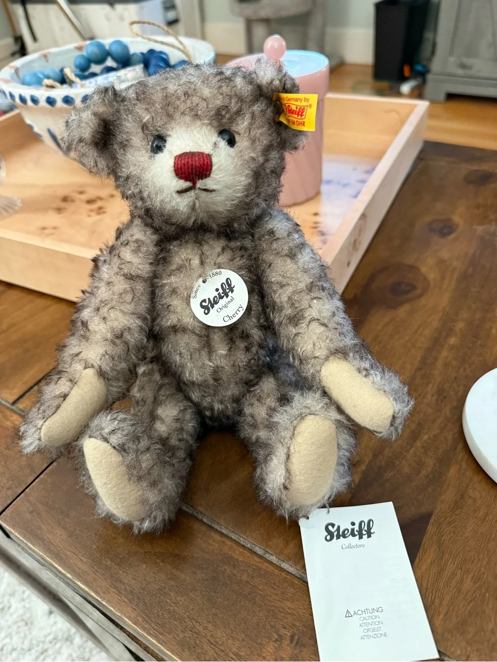 Steiff Gray Brown Curly Mohair Teddy Bear with Red Nose
